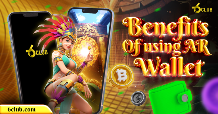 6 Club promotion highlighting the benefits of using an AR wallet, featuring a vibrant Aztec-inspired character, golden treasures, and cryptocurrency icons.